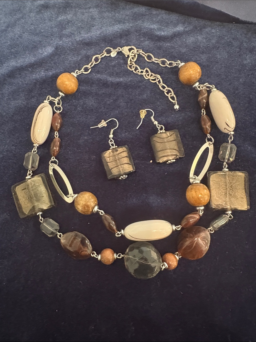 VTG Premier Designs "Sable" Earth-Tone 2-Strand Necklace & Earring Set
